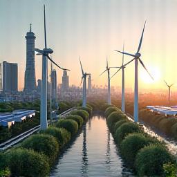 풍력 터빈과 태양광 패널이 설치된 도시 스카이라인